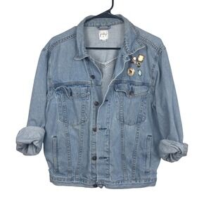 Oversized Jean Jacket Light Wash Distressed Pockets Pins Women's Size S